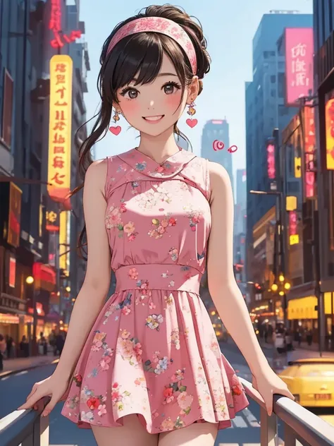 masterpiece、 high definition 、1 Girl、One person、whole body、woman、 bright smile、blush、Mid-chest、 skinny、 real、20th Generation、Retro clothing、sleeveless floral tight mini dress、 Heart Earrings 、 headband、1960s cityscape