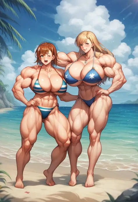  huge breasts,At the Beach, {    huge breasts},        huge cleavage       , Wide hips, Misaka Mikoto, masterpiece ,   Thick biceps,   muscle expansion ,     huge muscles,     muscular ,  Athletic abs    ,  bikini,  thighs that only wear underwear ，   The ...