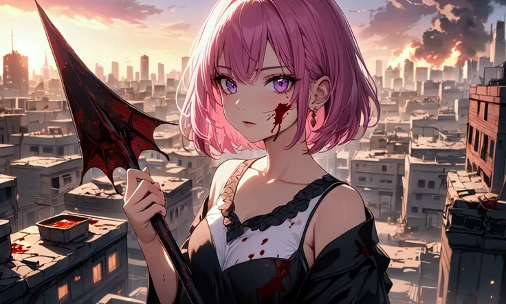 (masterpiece, best quality), 1Female, cute and beautiful Female, Short hair, pink hair,  puple eyes, beautiful detailed eyes,  city, apocalypse, Holding bat, blood on face, blood on bat looking at viewer,natural lighting, vibrant colors, cinematic lighting...