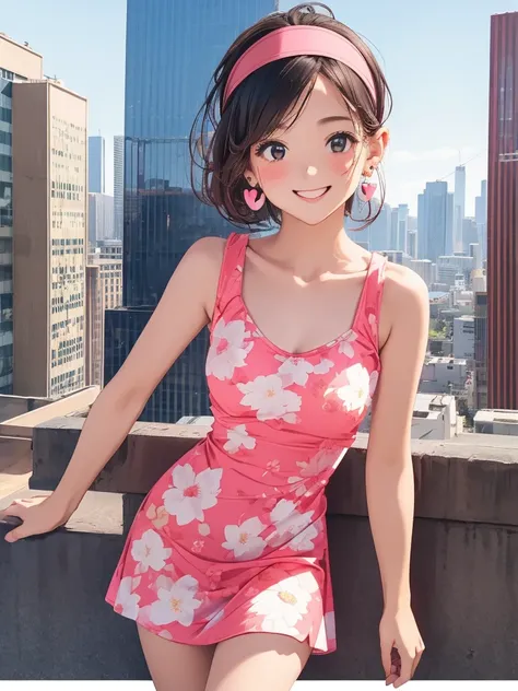 masterpiece、 high definition 、1 Girl、One person、whole body、woman、 bright smile、blush、Mid-chest、 skinny、 real、20th Generation、Retro clothing、sleeveless floral tight mini dress、 Heart Earrings 、 headband、1960s cityscape