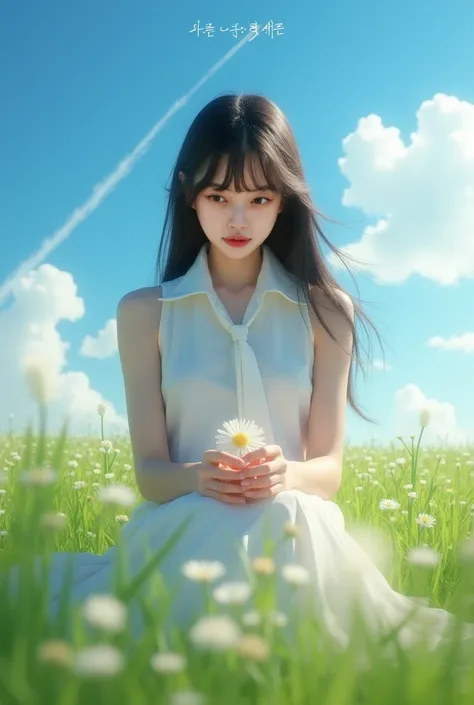 Best quality, masterpiece, ultra high res, (photorealistic:1.4), raw photo, 1girl, korean girl, cinematic lighting, meadow, blue sky, contrail, white clouds, necktie, white collared shirt, sleeveless, long hair, hairpin, sitting on the ground, sleeveless, ...