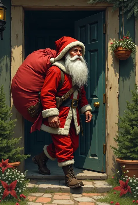 A hunter entered the house of .Little Red Riding Hood&#39;s grandmother, like a drawing from a hunter&#39;s tale, entering through the door like this but in the form of a drawing from a tale, more like a tale, now in color of Santa Claus with long white be...