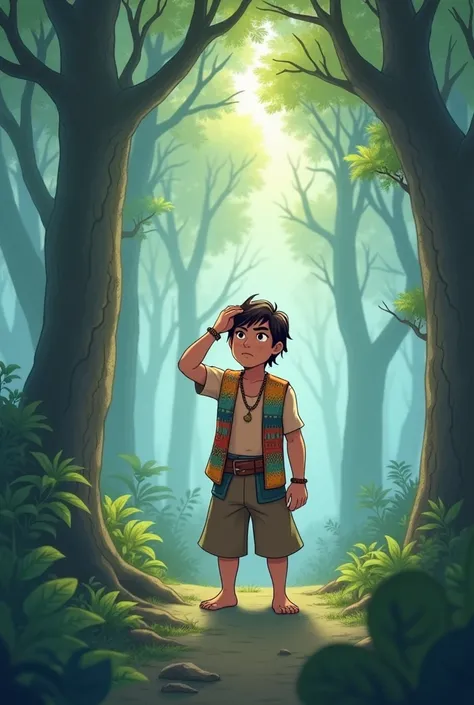 Ilig is standing in a misty forest, looking around, trying to make sense of his surroundings. He has dark brown hair, a gentle face with a determined expression, and is dressed in traditional Subanon attire. His clothing consists of a simple yet colorful w...