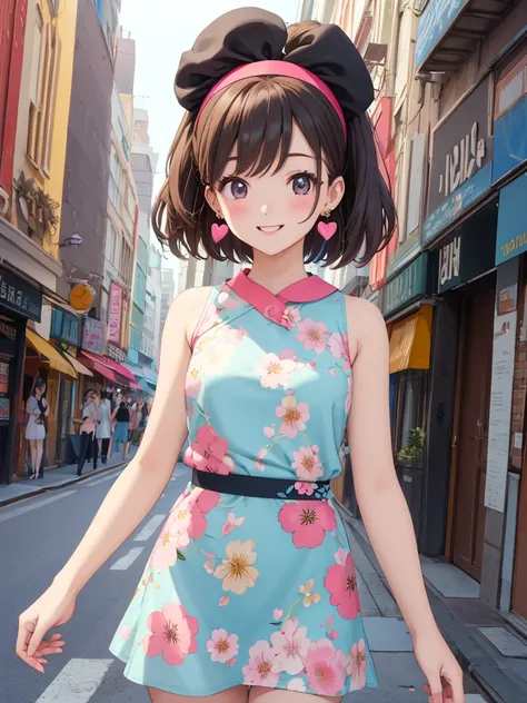 masterpiece、 high definition 、1 Girl、One person、whole body、woman、 bright smile、blush、Mid-chest、 skinny、 real、20th Generation、Retro clothing、sleeveless floral tight mini dress、 Heart Earrings 、 headband、1960s cityscape