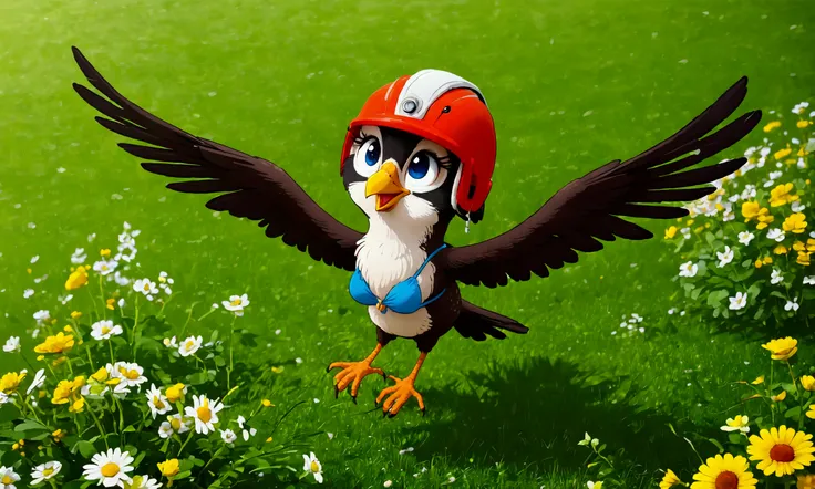 A cute woman (role of a sparrow bird wings, adorable helmet with big bird eyes and beak, bird bikini with tail feathers), she is flying high over a field of flowers hunting big juicy bugs, daytime, her bird shadow is big (priority bird is in flight casting...