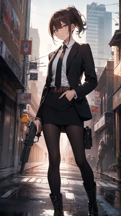 masterpiece, best quality, highres, 1girl, aiming and firing pistol, brown_hair, short hair, ponytail, finger_on_trigger, gun, large-caliber handgun, desert eagle, holding, holding_gun, holding_weapon, holster, open suit jacket, white shirt, miniskirt, (pa...