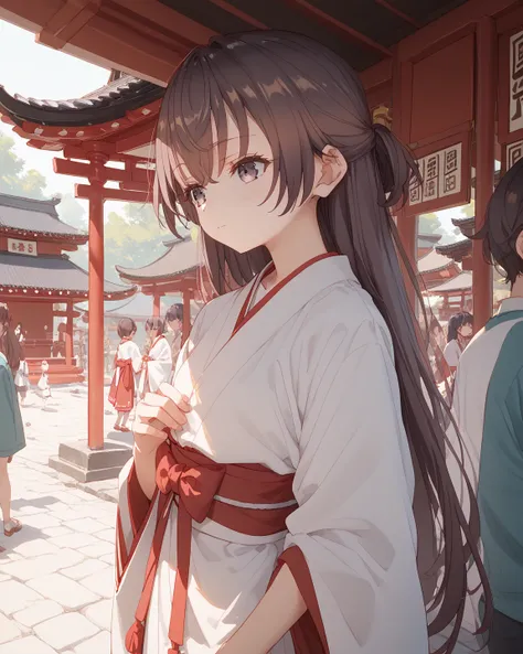 masterpiece、 High Quality 、 1 girl、 long brown hair、Yuki Suou, Alya Sometimes Hides Her Feelings in Russian, ((public))、((Shrine grounds)) 、( Japanese Shrine Maiden Costume)、