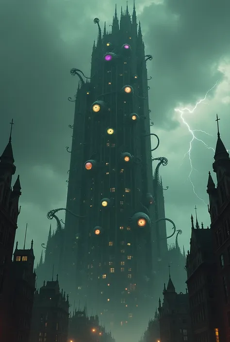 A towering skyscraper looms against a stormy, charcoal-gray sky, its structure impossibly tall and slightly twisted as if swaying under its own weight. Instead of windows, countless glowing eyes of different shapes and sizes are embedded across the surface...