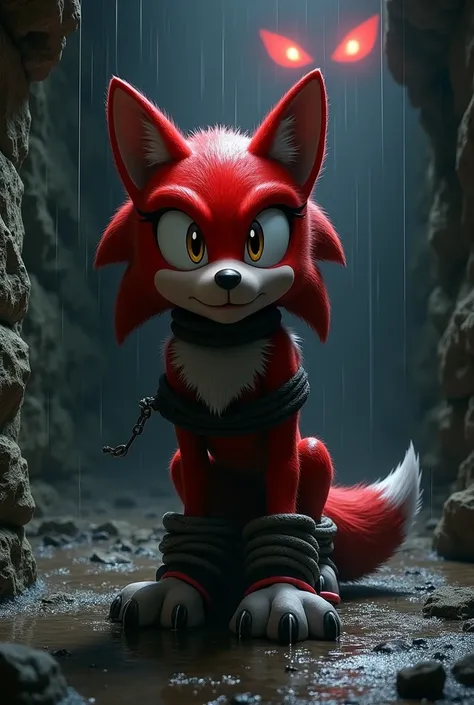 A highly detailed and intense scene depicting a red wolf avatar, resembling the Rookie from Sonic Forces, bound and restrained in a dark, foreboding environment. The wolf has sleek red fur with a slight sheen, and its eyes are wide and filled with fear, re...