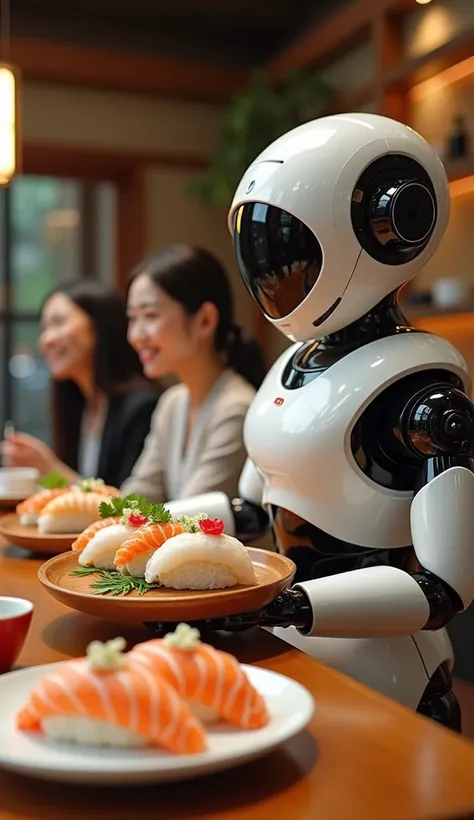  "A playful visual of a futuristic, sleek robot serving sushi in a modern Japanese restaurant. The robot, designed with a friendly appearance, holds a tray of beautifully arranged sushi rolls, while customers look on with amazement and delight. The setting...