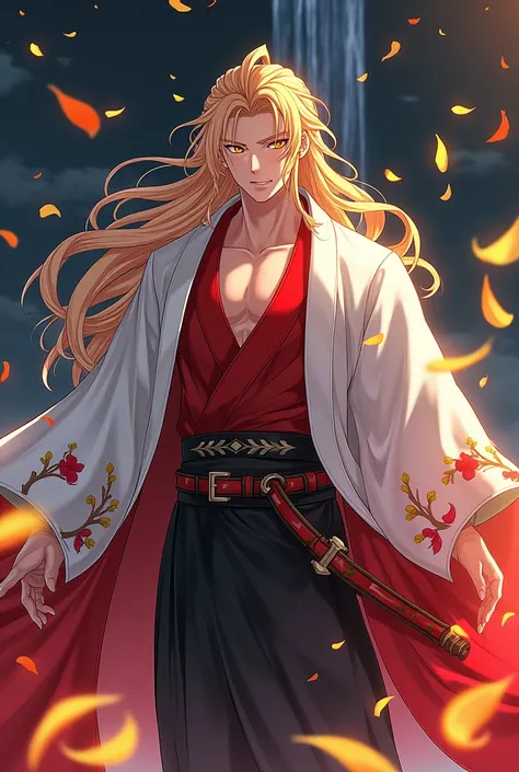  full coat, Rengoku Kyojuro,  Long blonde hair with red highlights,  golden eyes , Haori white and red, Kimetsu no yaiba, extremely handsome, sexy man, bare toned chest , Alone,  Eyes and very detailed face ,  smiling, Water, cascadas, yellow and red petal...