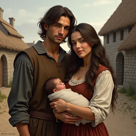 24-year-old Caucasian man with wavy hair with a 20-year-old mixed-race wife with long straight hair with a daughter barely a month and a half old in medieval times 