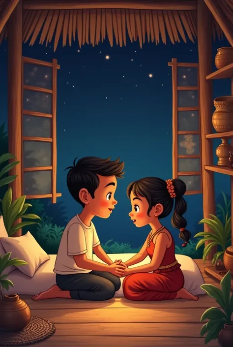 Create an image of a married couple one boy and girl  in their traditional bahay kubo, talking to each other beside their bed, at night. Make them wear subano clothes and accessories, make the brown colored skin. In cartoon artstyle