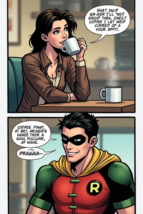  I would like to create an image of a DC comic book ,  one up and one down .  Where shown on the bottom , Robin  (Jason Todd )  in normal version , Without the suit. in a coffee shop,  smiling. And the one above ,  to a girl similar to Wanda and blue eyes ...