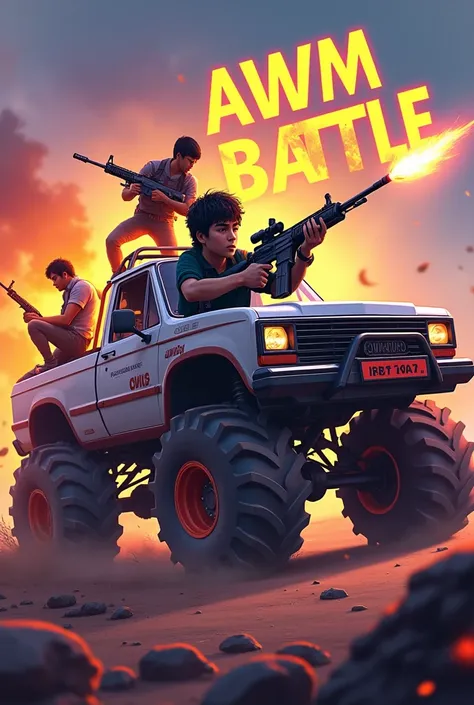 Character Design: Use a free-fire style character like Tatsuya, holding an AWM sniper rifle aimed at one of four enemies.
Enemies on Monster Truck: Place the enemies on top of a monster truck, adding action poses for them.
Downed Enemies: Include enemies o...