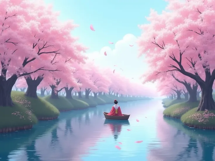 Cherry trees in full bloom々 stands along the river with a Japanese-style atmosphere 。 A small boat floats on a calm, transparent surface of the river 、A spring landscape where 。 A person is on board the boat 、 watching the cherry blossoms while wearing tra...