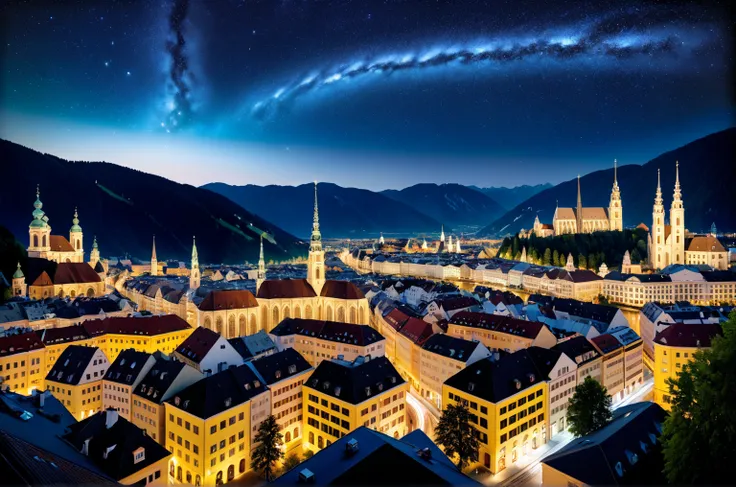 8k 4k masterpiece photo、Cityscape、Buildings、night、 there are many stars in the sky、 Austria 