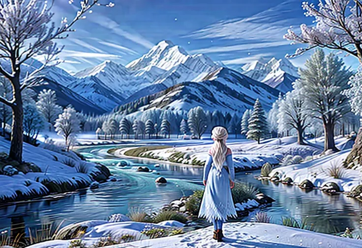 snow_queen_elsa, small figure, from behind, (spring),
earth road, fantasy landscape, mountains, trees, river,skies, more details, in nepal
