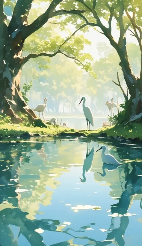 Quiet Lake、Lake of Silence  、  Decayed trees sinking into the lake 々々、Clear water 、 Clear Lake 、white heronが佇む、 Egrets reflected on the surface of the water、Perfect Shading、Beautiful Shadows、watercolor、