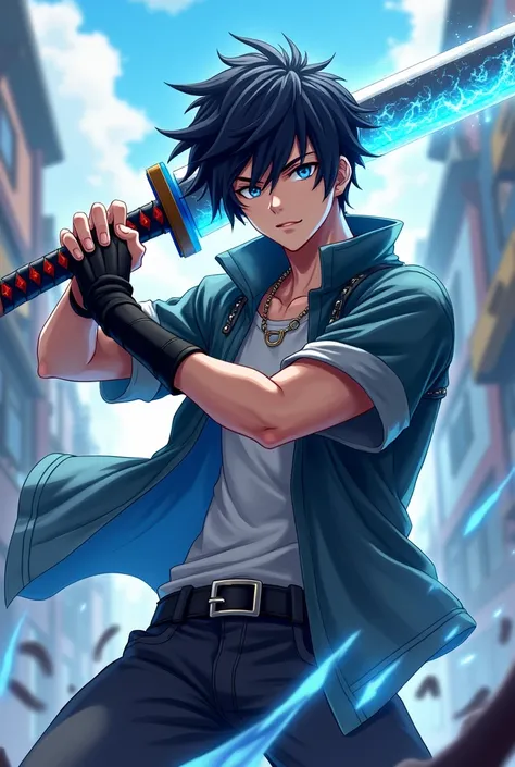 Make a image of Anime messy hair young sigma attitude man stand with blue firing katana like free fire hayato charecter 