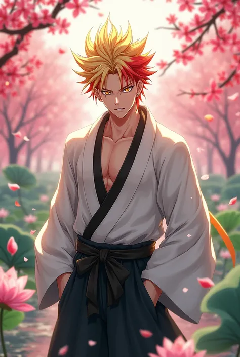  full coat, highres,  absurdres, Rengoku Kyojuro,  Blond hair with red highlights,  golden eyes , haori blanco, Kimetsu no yaiba, spring, pink and yellow leaves , Petals, extremely handsome, sexy man, toned chest, Alone,  very detailed eyes and face,  Blac...