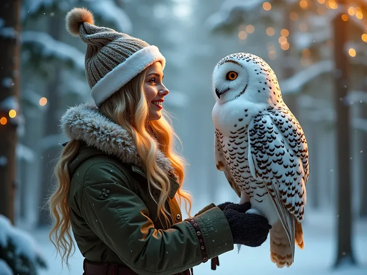 A magical Christmas scene featuring a young and beautiful caucasian woman with long blonde wavy hair, age 25, skinny fit, cheerfully having a conversation with a majestic talking snow owl perched on her arm, speaking in a magical setting. They are surround...