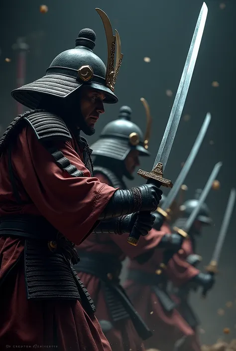 ((  Masterpiece ,  best quality,   Max Image ,  high definition ,  Photorealistic ,  RAW photos ,  extremely detailed CG integrated 8K wallpaper reflecting the galaxy)),  dramatic light ,  Volumetric Light ,  Samurai wearing armor and helmets hold swords, ...