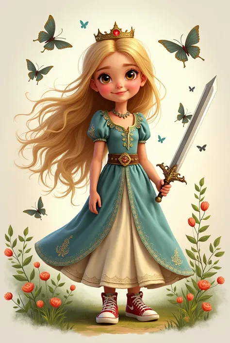 A girl with brown eyes, blonde hair, smiling, princess clothes and sneakers, com uma espada na mão and butterflies flying esboço de desenho.Escrever o nome Pâmela Beatriz  no topo da folha, letras grandes preto e branco 