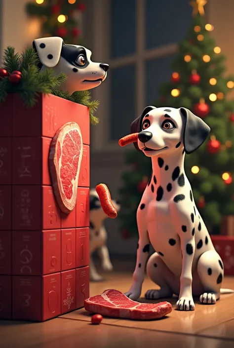  A humorous picture :  A Dalmatian sits expectantly in front of an Advent scale ,  on which a juicy T-bone steak is emblazoned .  With his paw he has just opened the first door .  His facial expression fluctuates between surprise and disappointment ,  beca...