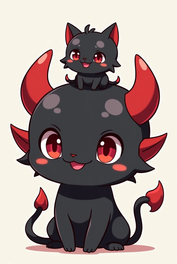 Black anime-style character with two red demon horns and small ones on his forehead and with a black cat on his head cartoon style by Saiko Menes