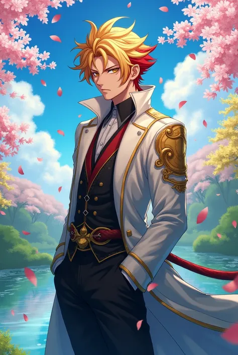  full coat, Rengoku Kyojuro,  Blond hair with red highlights,  golden eyes , haori blanco, Kimetsu no yaiba, spring, pink and yellow leaves , Petals, extremely handsome, sexy man, toned chest, Alone,  very detailed eyes and face,  Black Pants , Water, loto...