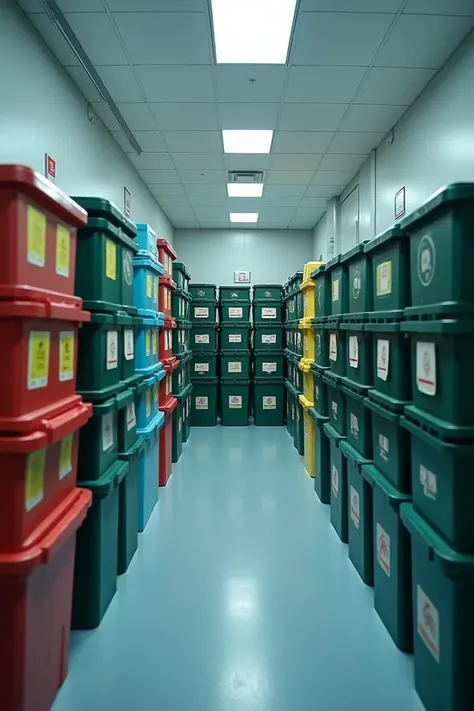 View of medical waste collection containers piled up inside a hospital