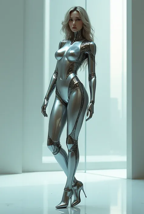 Masterpiece, very detailed outfit, finest quality,  perfect face, sexiest tall figure, Stellar blade game,  sexy android girl, sexiest metallic outfit,  ((transparent)), erotic, revealing, long legs, heels, big ass