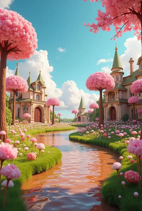  a fantasy world that has gates full of light that inside it is filled with the warmth of a river that is colored brown flows in it ,  candy trees grow and green grass strewn with flowers of candy flowers, buildings made of cookies and doors of houses made...