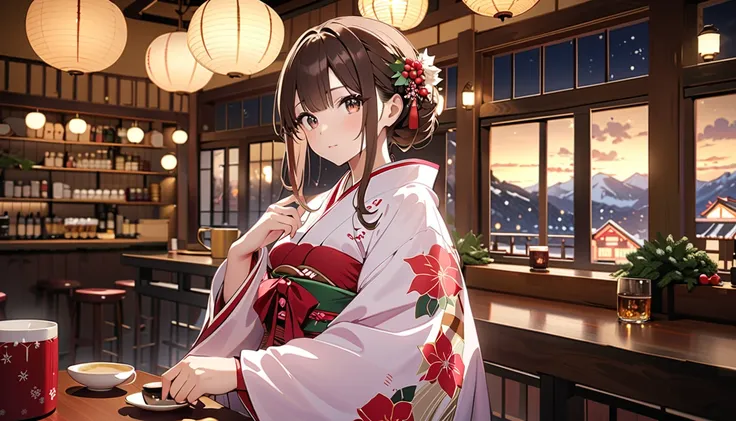 (Highest quality, 4K, 8k, High resolution, masterpiece:1.2), Very detailed, Picturesque, Anime style photo, Photo Anime:1.37)、A beautiful Japanese woman, kimono, 
brown hair, christmas night cafe, whole body