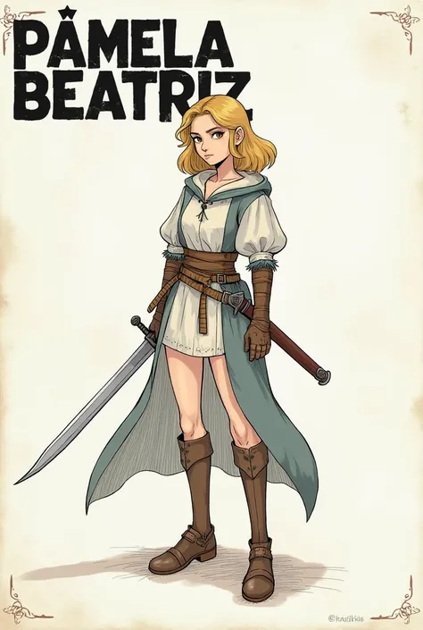 A girl with brown eyes, Medium blonde hair ,  with slightly torn princess clothes ,  looking serious and with a sword in her hand sketch drawing. Write the name Pâmela Beatriz on top of the sheet, large black and white letters  