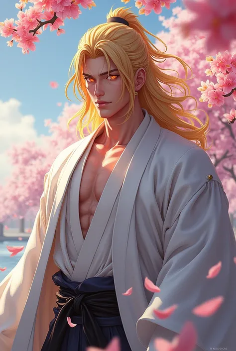  full coat, Rengoku Kyojuro,  Long blonde hair with red highlights,  golden eyes , haori blanco, Kimetsu no yaiba, spring, pink and yellow leaves , Petals, extremely handsome, sexy man, toned chest, Alone,  very detailed eyes and face,  Black Pants , Water...