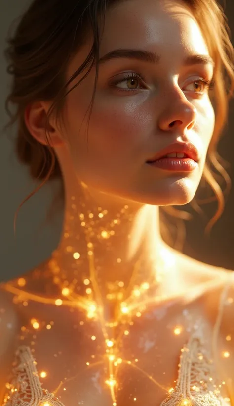 A photorealistic 4K image of a woman with transparent, crystal-clear skin, full body, glowing from within with a soft golden light...