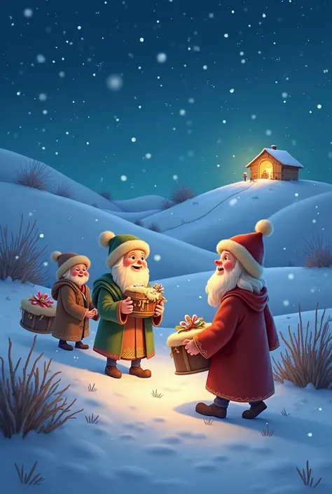   Create an image that alludes to the drummers carol but that is Disney style, There are some shepherds who bring gifts to the God who is in a distant manger while the snow falls in the valley.
