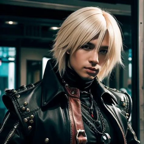 1 man, Japanese man, 30 years old, hairstyle Visual Kei, hair color blonde, muscular, broad shoulders, ultra detailed face and eyes, Asian eyes, pretty face, realistic representation, outfit gothic-cyberpunk, black mens shirt and black pants, long hair, ha...