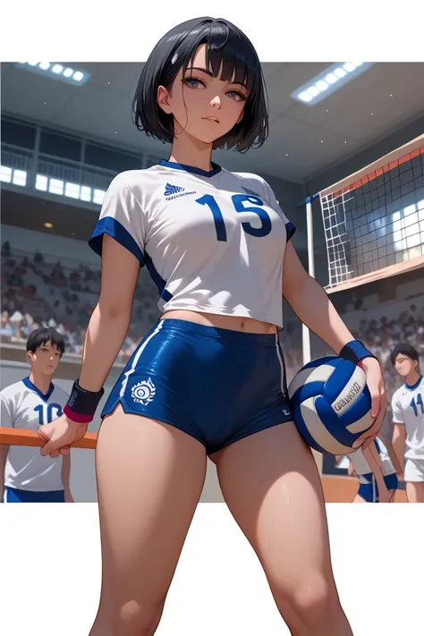 short black hair japanese girl with blue and white volleyball uniform, indoor court background, tight fit clothing, taut shirt short shorts