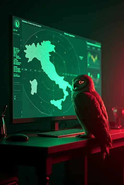 Dark room Green radar on a screen with Italy in the center,  the wizard owl Merlin next door illuminated by red lights(No lamps )