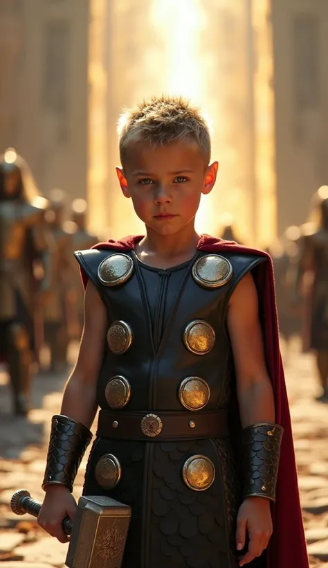 "A seven-year-old Thor, dressed in a scaled leather tunic, stands in the middle of an Asgardian training courtyard, his bright eyes fixed directly on the camera. His small hands grip a -sized hammer, its surface faintly glowing with golden energy. Behind h...