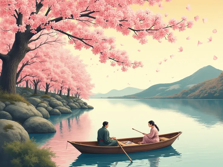  in the traditional Japanese Ukiyo-e style 、Illustration depicting cherry blossoms in full bloom and a riverside boat 。Cherry blossom petals fluttering、 expresses delicate Japanese-style beauty 。, which stands out for its elegant shape, is vertically long ...