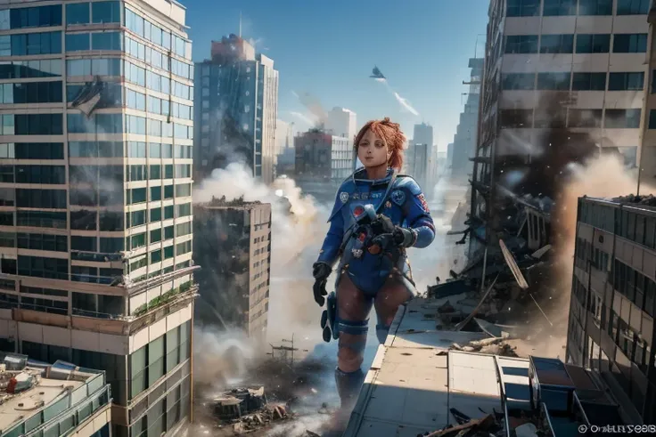 (((Aerial photography))), ((( Giants Destroying Cities ))), 2025 calendar cover, 20-year-old beautiful Japanese super huge giant woman ,  beautiful woman: 1.54, In a city building。 A blockbuster masterpiece photo taken by a master photographer famous for h...