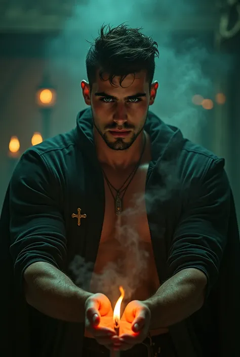 a muscular 20 year old man with a beautiful face, black hair, green eyes, defined beard and jawline, performing a witchcraft ritual, hyperrealistic, cinematic lighting, dark moody colors, chiaroscuro, dramatic pose, highly detailed, 8k, photorealistic