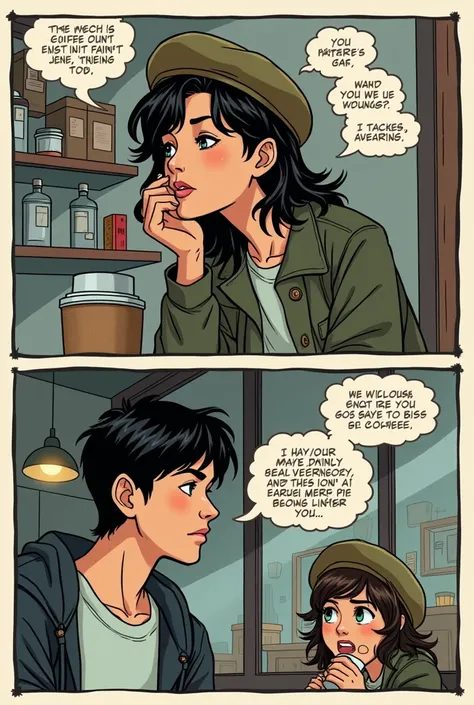  I would like to create an image of a comic book ,  one up and one down .  Where shown on the bottom ,  Jason Todd chatting in a coffee shop and the one above,  a brown girl with blue eyes drinking from a cup of coffee, watching him. She was wearing a norm...