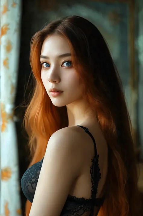 A thai-russian woman 20 years old look at camera standing in a dimly lit room, looking contemplatively to her left. red hair, medium breasts, blue eye,  Her pose is modest yet confident, with her arms crossed lightly over her torso, giving a sense of elega...