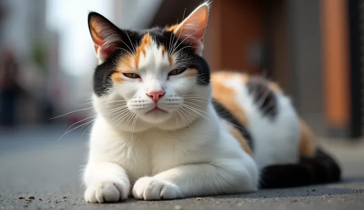 I want to create thumbnail for my youtube video about a cute cat in shinjuku in japan. Cat appearance is white,black and orange colours are in body and big cat. 
very very cute. Very famous also smily face. Sleeping movemont