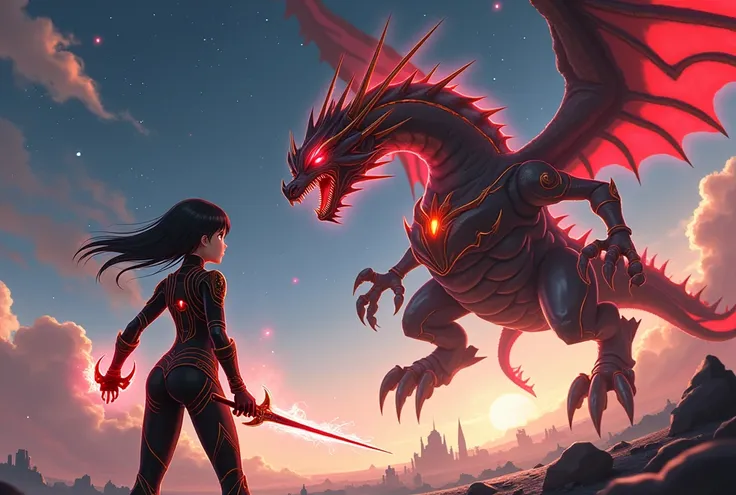 Art Style: A fusion of Japanese anime-inspired fantasy style and futuristic sci-fi design.
Scene: A young girl in a sleek futuristic suit faces off against a massive dragon-shaped battle robot.

Girl: She wears a full-body suit with a sleek black and gold ...